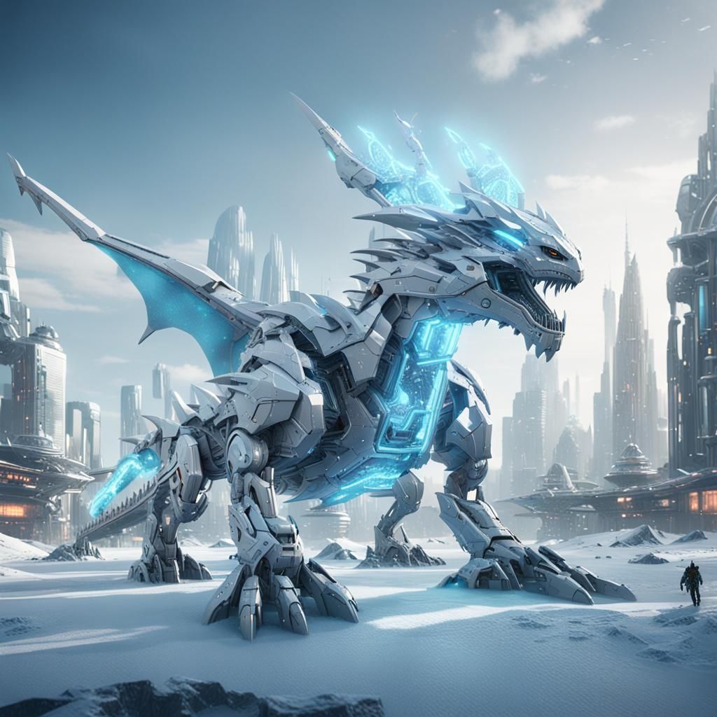 Ice Dragon Freezes Futuristic City in Sci-Fi Render