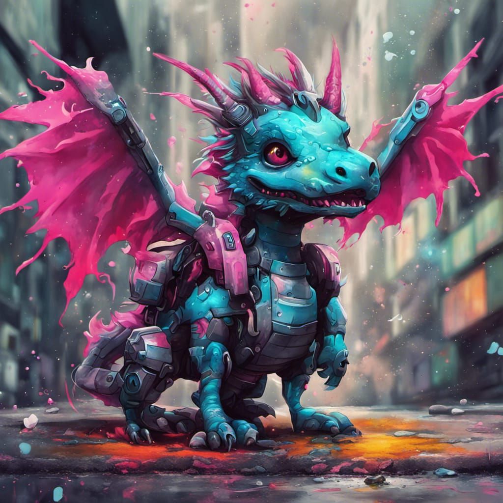 Cute Cyberpunk Dragon in Graffiti Splash Art