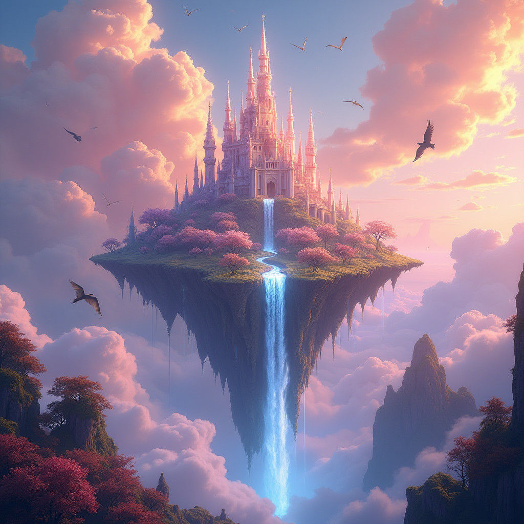 Floating Island with Crystal Castle: Fantasy Art