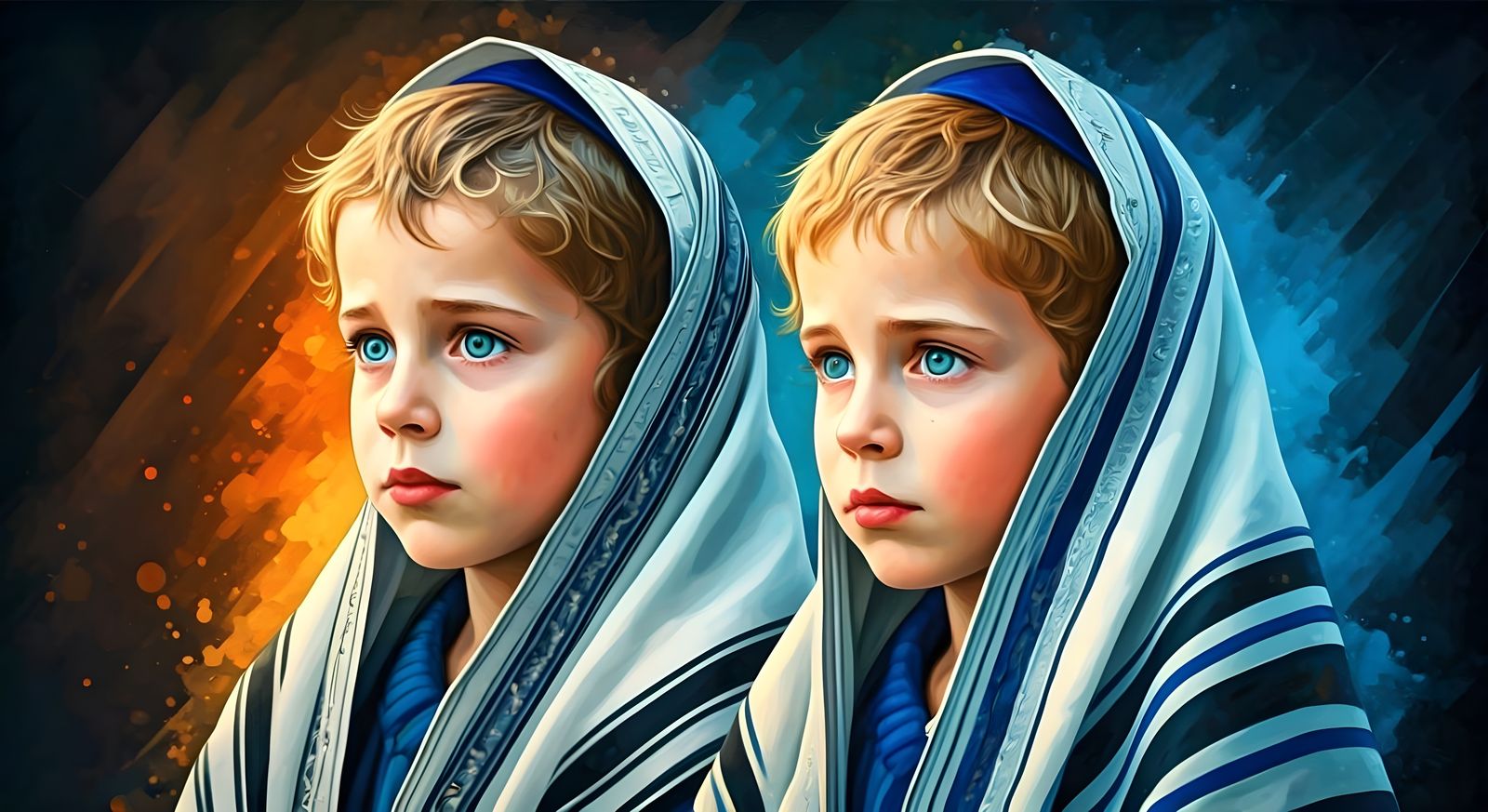 Hasidic Children in Prayer Shawls, Hyperrealistic Art