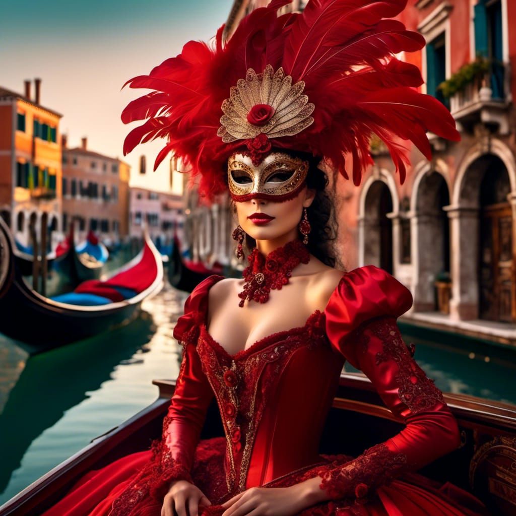 Venetian Lady in Red Mask Portrait
