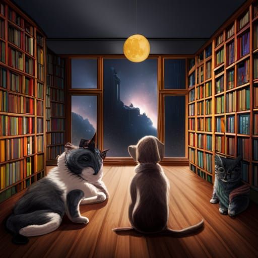 Cat and Dog Duet in Rainy Library, Detailed Matte Painting