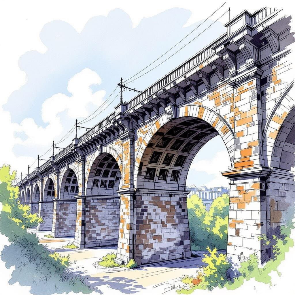 Rondo Viaduct Architectural Sketch in Romantic Blueprint Sty...