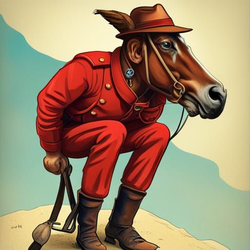 Cartoon Mountie on Mule with Cleft Chin