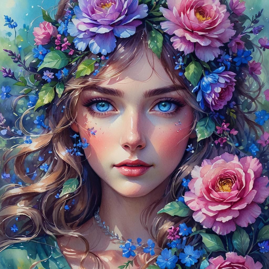 Ethereal Girl with Flowers: Watercolor Portrait