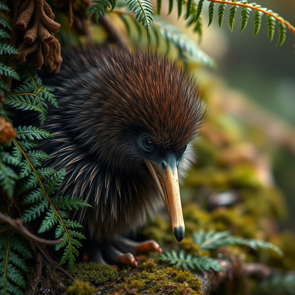 Hyperrealistic Kiwi Bird in Misty Forest