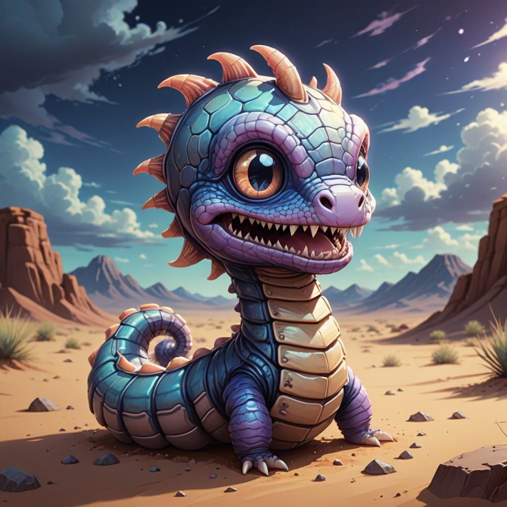 Chibi Mongolian Death Worm in Vibrant Desert Storm