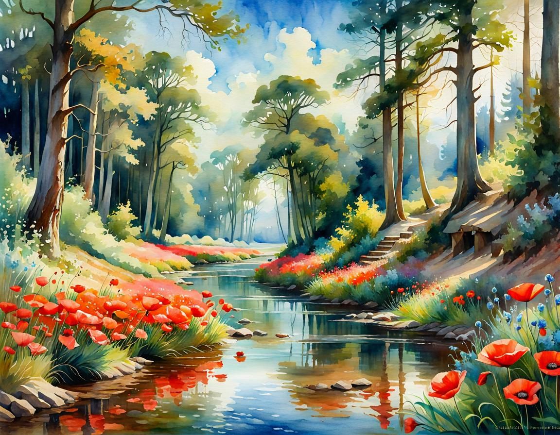 Watercolor Forest Landscape with Poppies