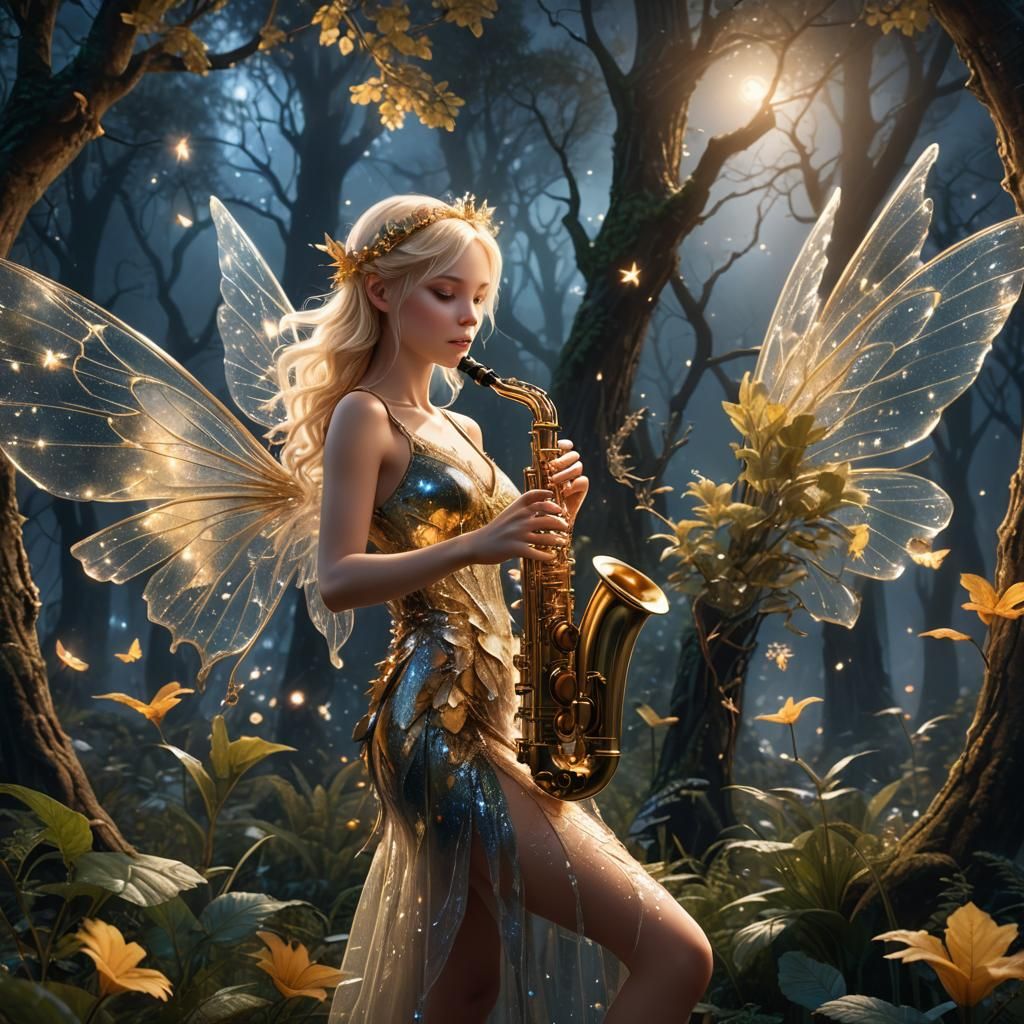 Fairy Musician in Starlight Forest: Detailed Digital Paintin...