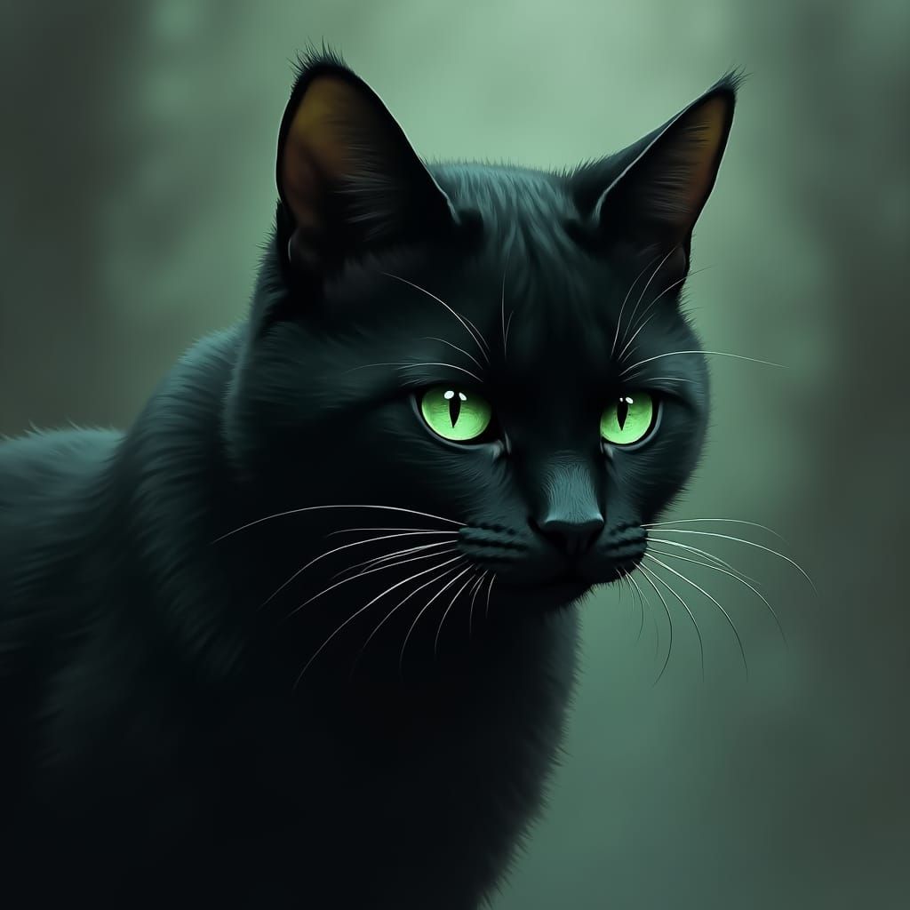 Eerie Black Cat with Emerald Eyes in Dark Surrealism