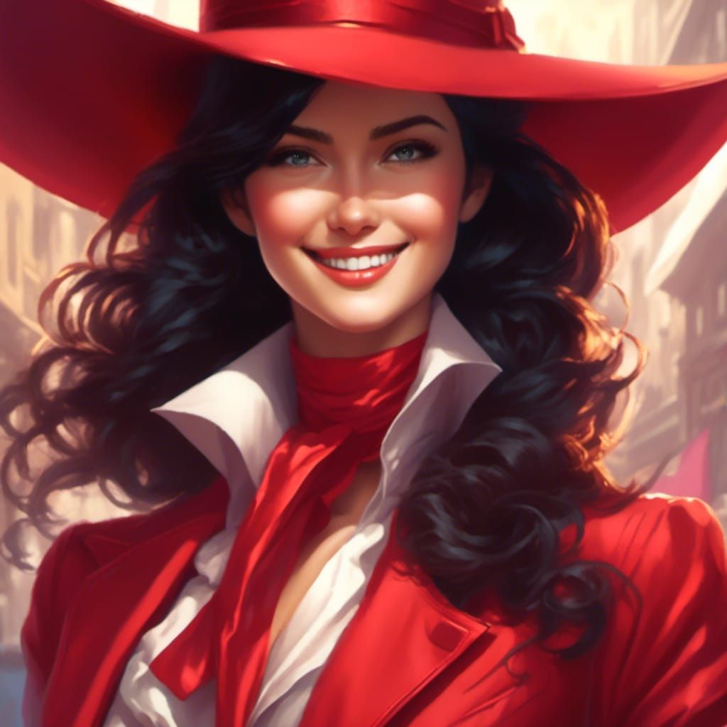 Carmen Sandiego Smiling in Red Outfit