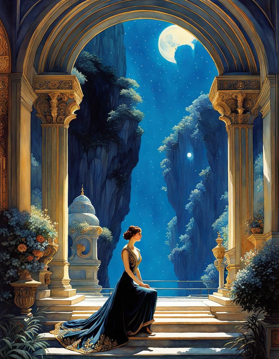 Romantic Dark Fantasy Woman in Art Deco Watercolor