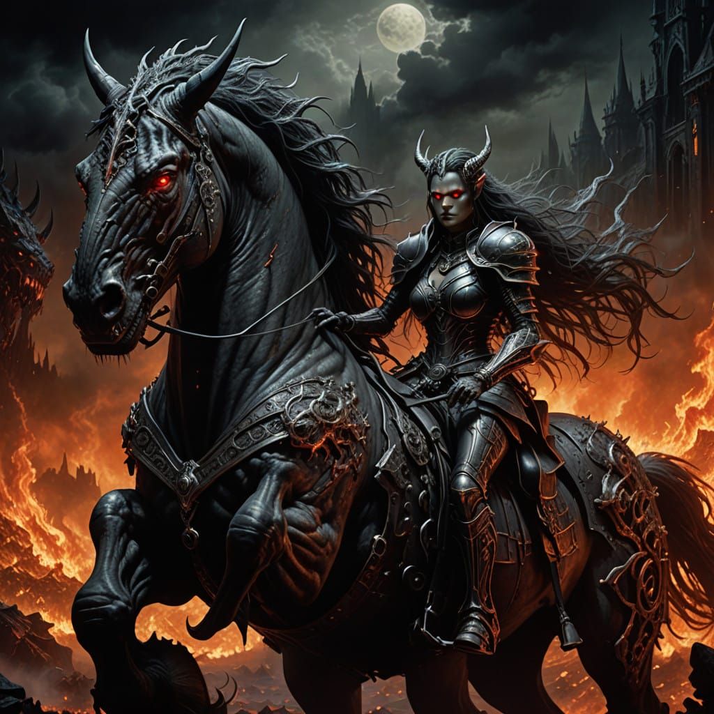 „Apokalyptische Legende: Die dunkle Ritterin und sein höllisches Ross“