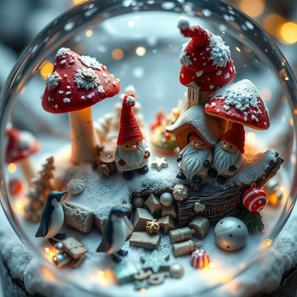 an incredibly tiny microscopic  mushroom village, gnomes wit...
