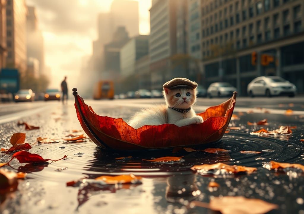 Miniature Kitten Sailing a Leaf Boat