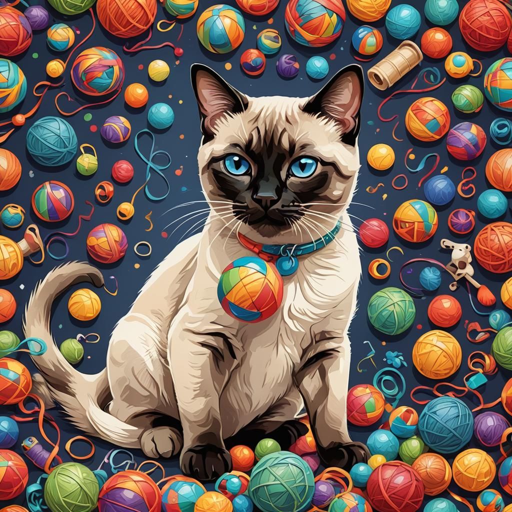 Siamese Cat Cartoon Playing with Yarn