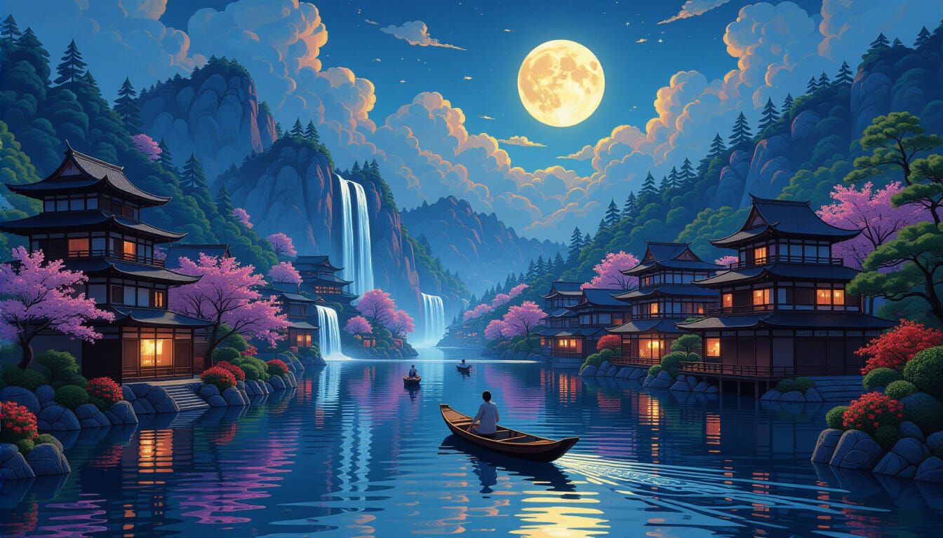 Origami Waterfall Village in Golden Hour Light