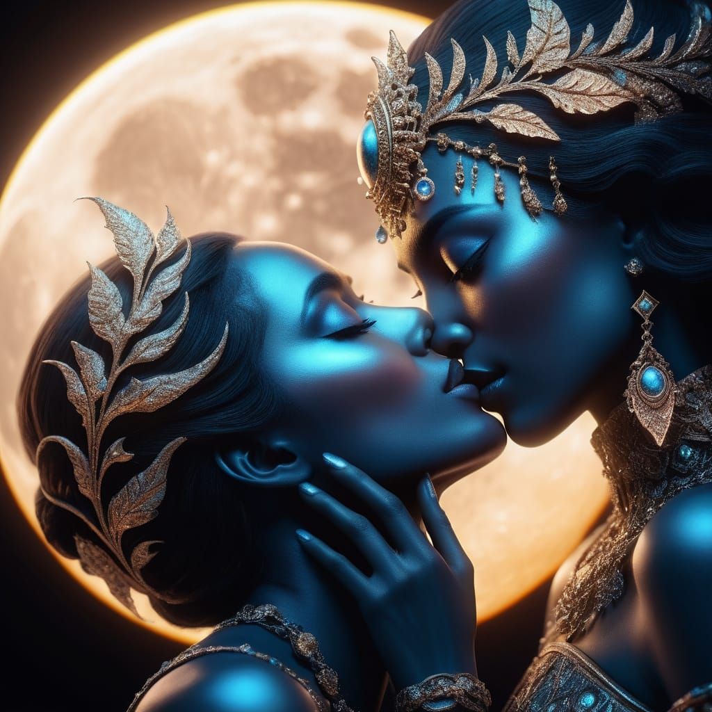 Ethereal Goddesses Embrace in Vibrant, Shimmering Colors