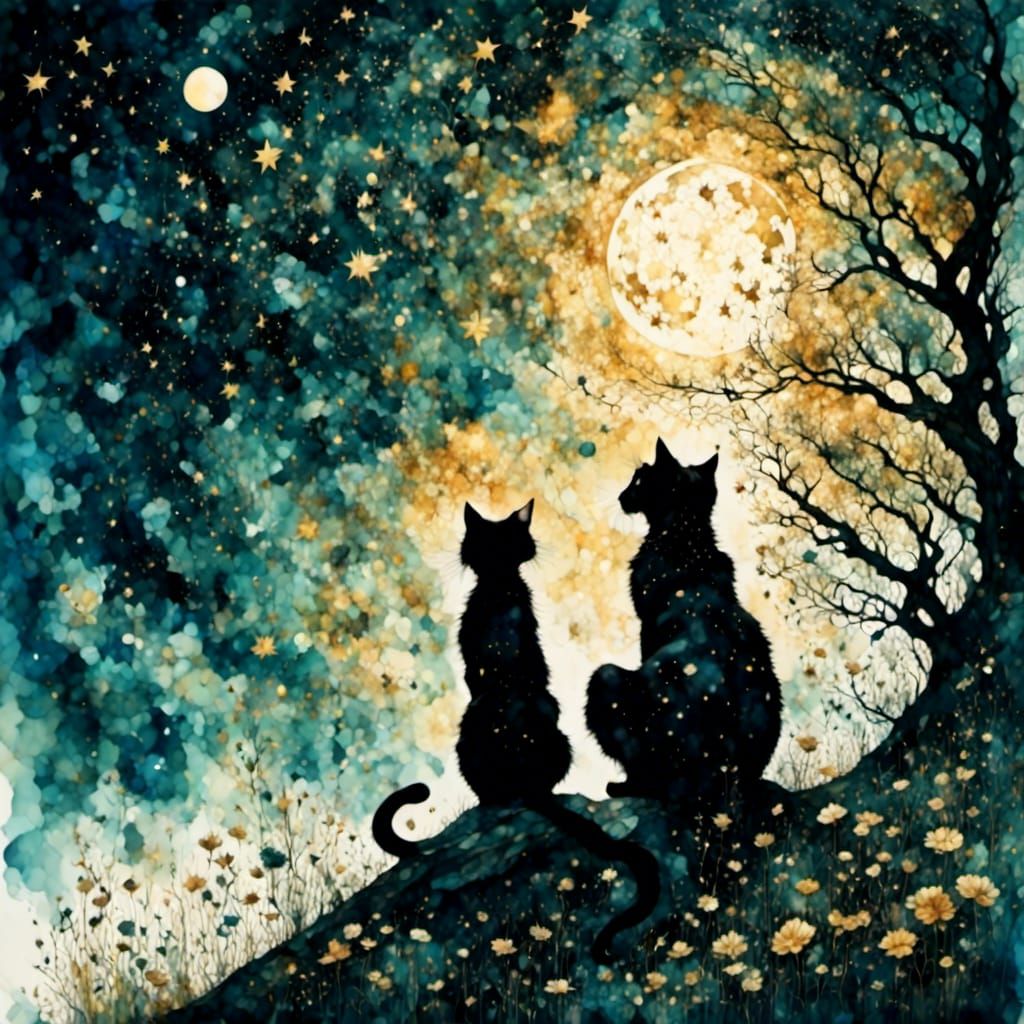 Girl and Cat Gaze at Starry Sky