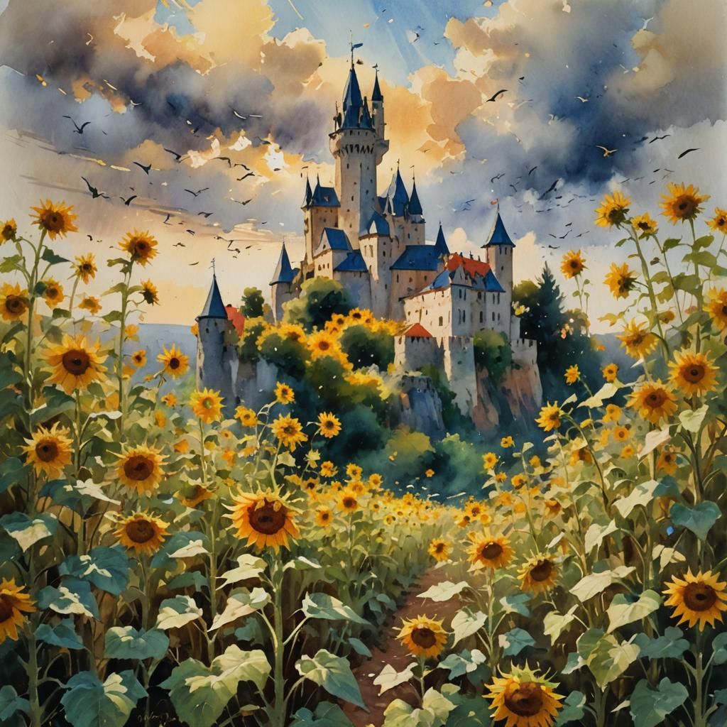 Castle Amidst Sunflowers: Impressionist Gouache Watercolor