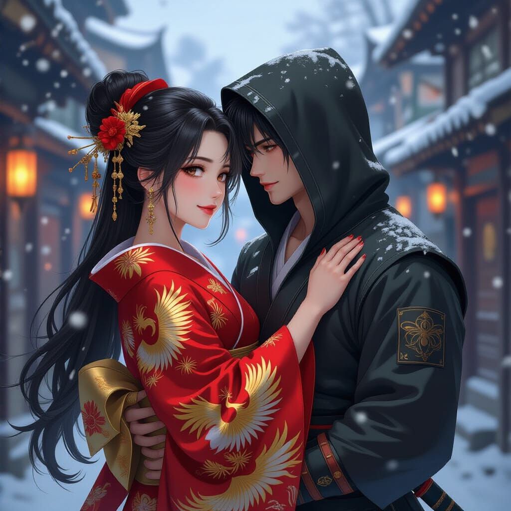 Elegant Geisha and Ninja Embrace in Snowy Town