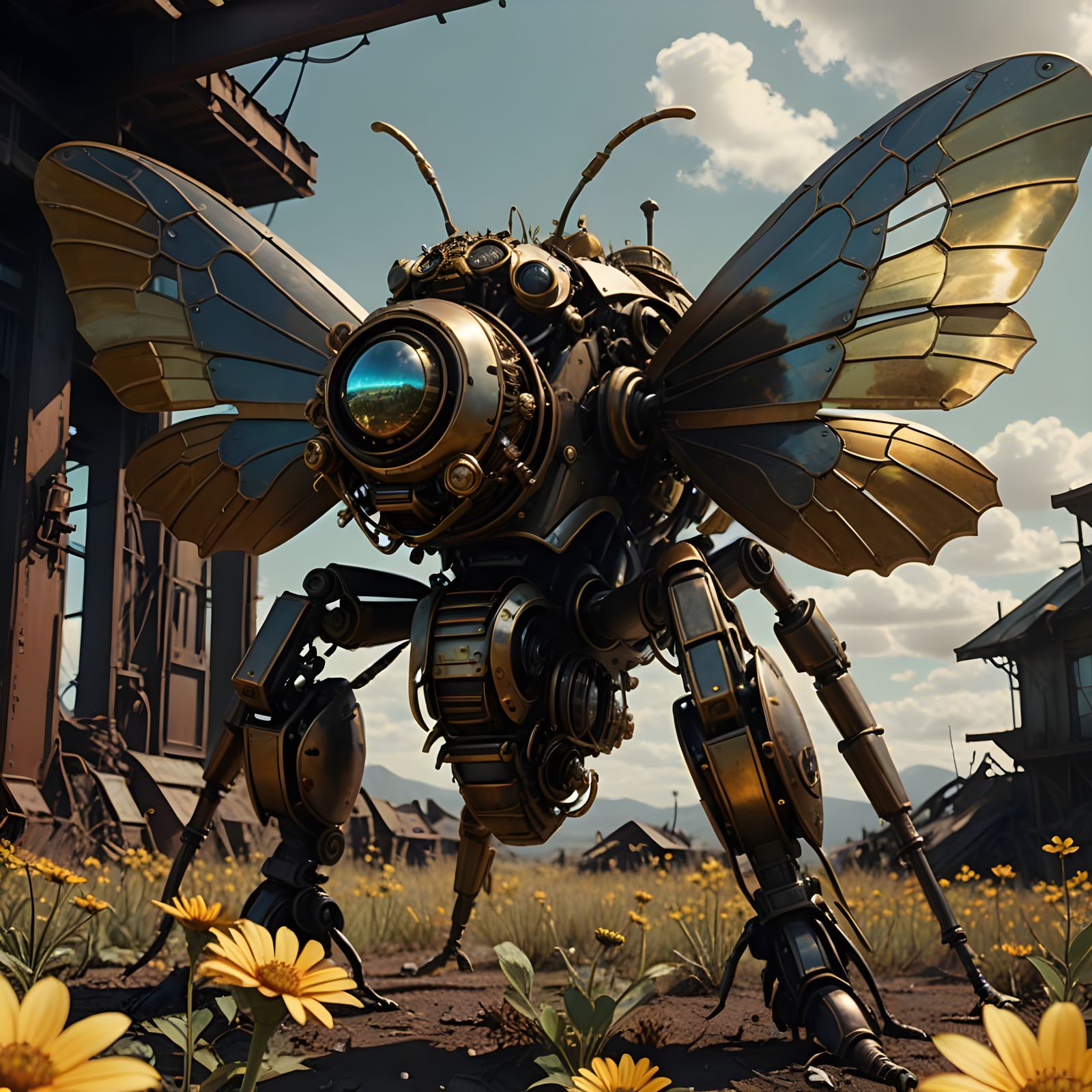 Giant Brass and Obsidian Bee Pollinating Metal Flowers