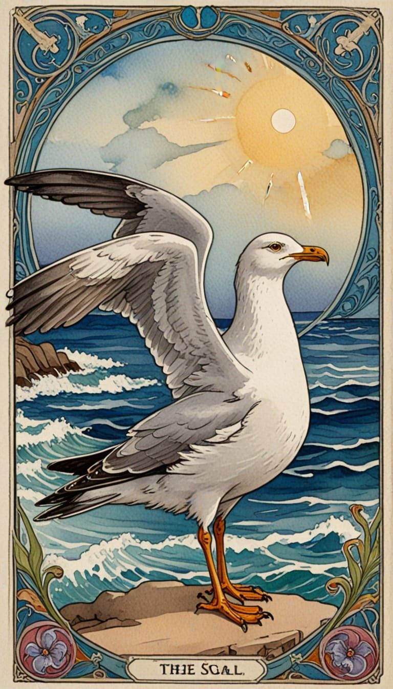 Art Nouveau Watercolour Tarot Card: Majestic Sea Gull