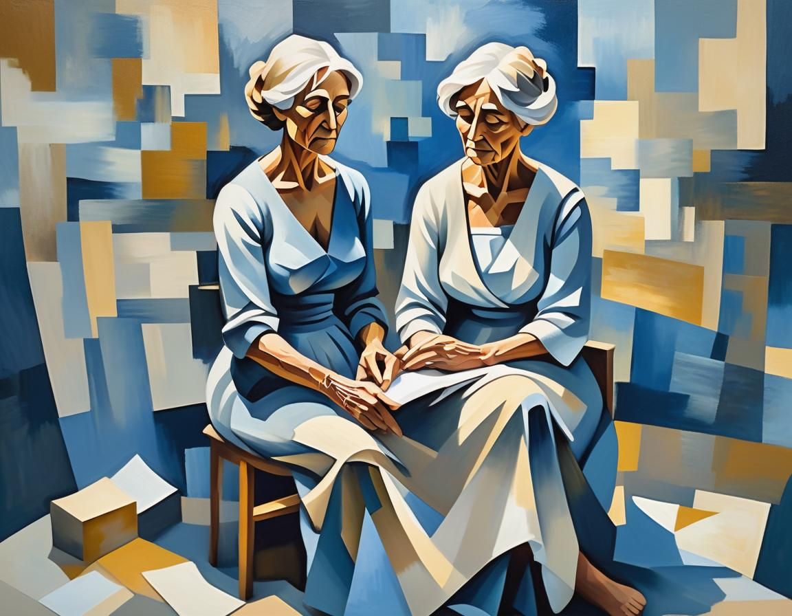 Serene Old Woman in Cubist Oil Painting