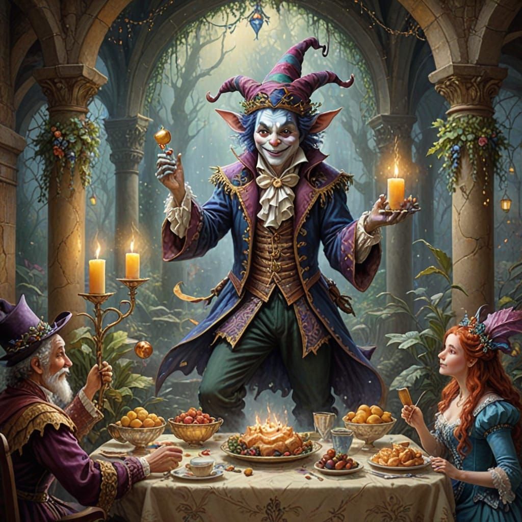 Jester's Enchanted Feast in Vibrant, Whimsical Style