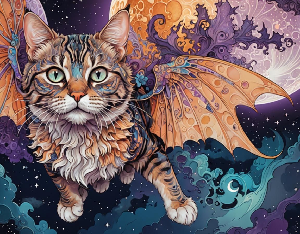 Surreal Cyberpunk Cat Soars Across the Face of the Moon