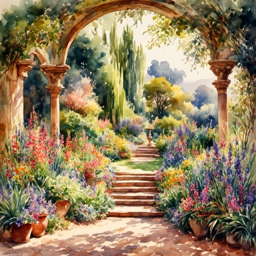 Botanical Garden in Antique Watercolor Style