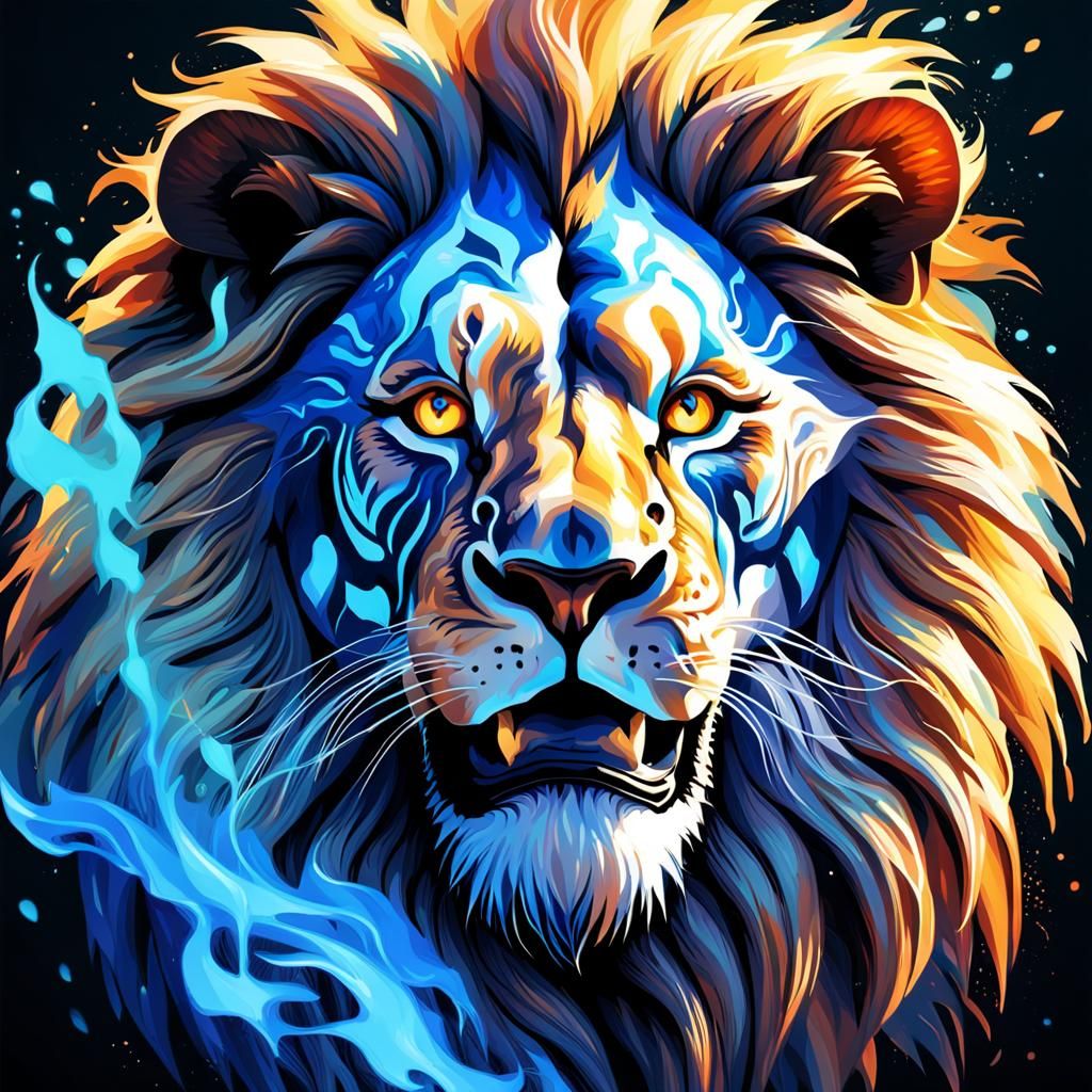 Tribal Lion Ablaze in Hyperrealistic Splash Art
