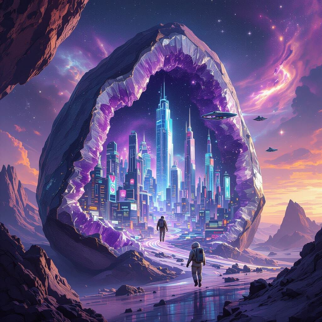 Retro-Futuristic City in Amethyst Geode, Syd Mead Style