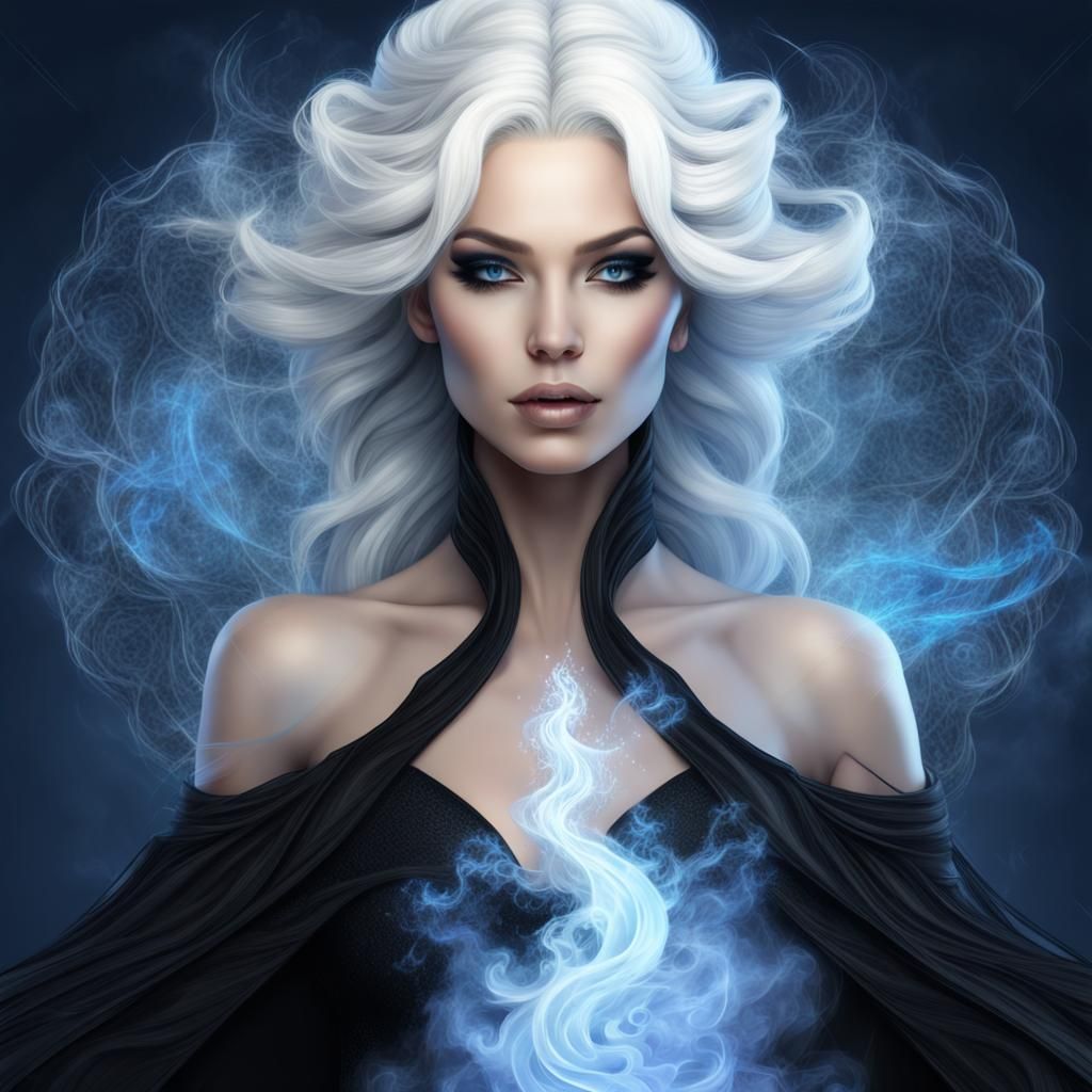 White-Haired Sorceress Casting a Spell with Smoke