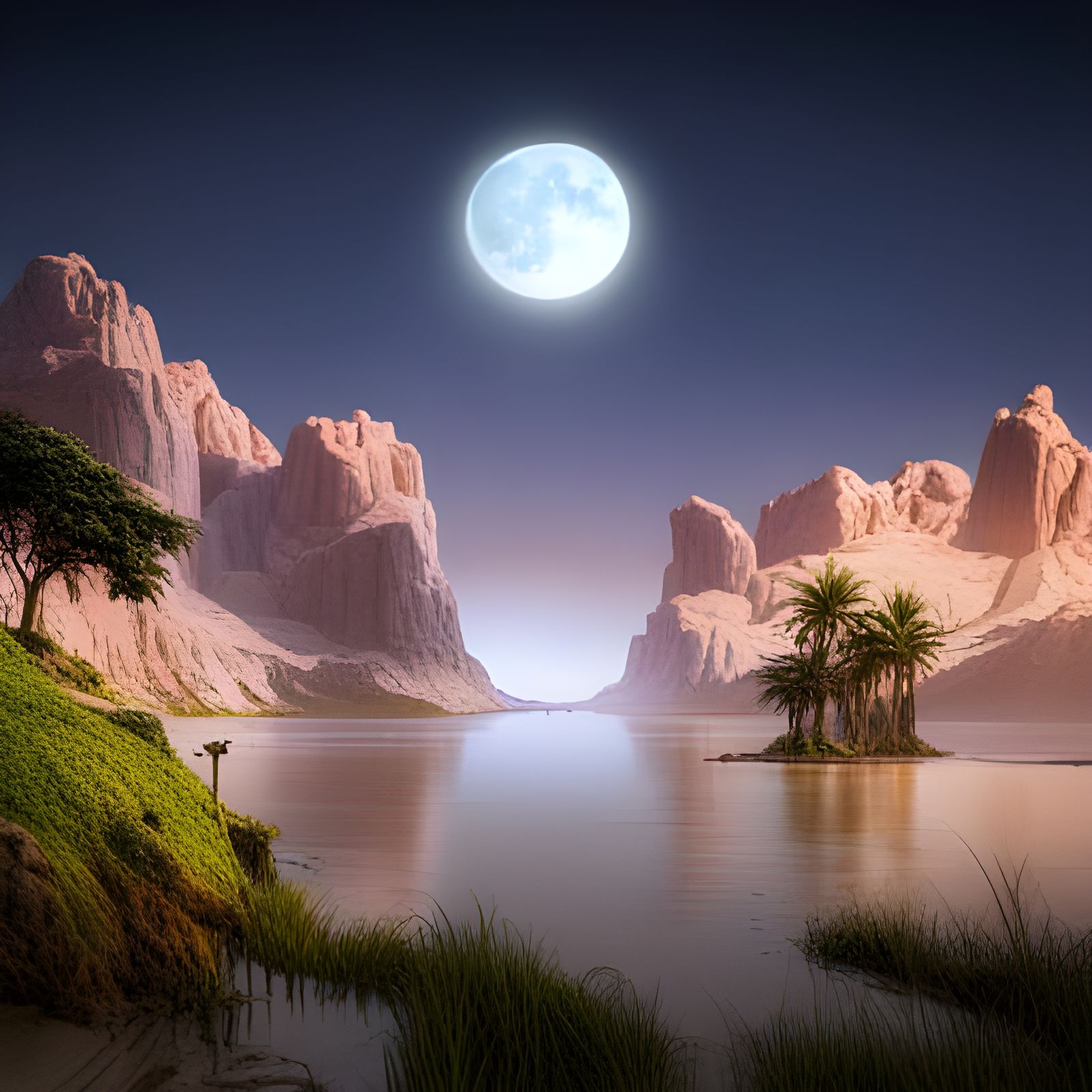 Super Moon Over Lake Oasis: Detailed Matte Painting
