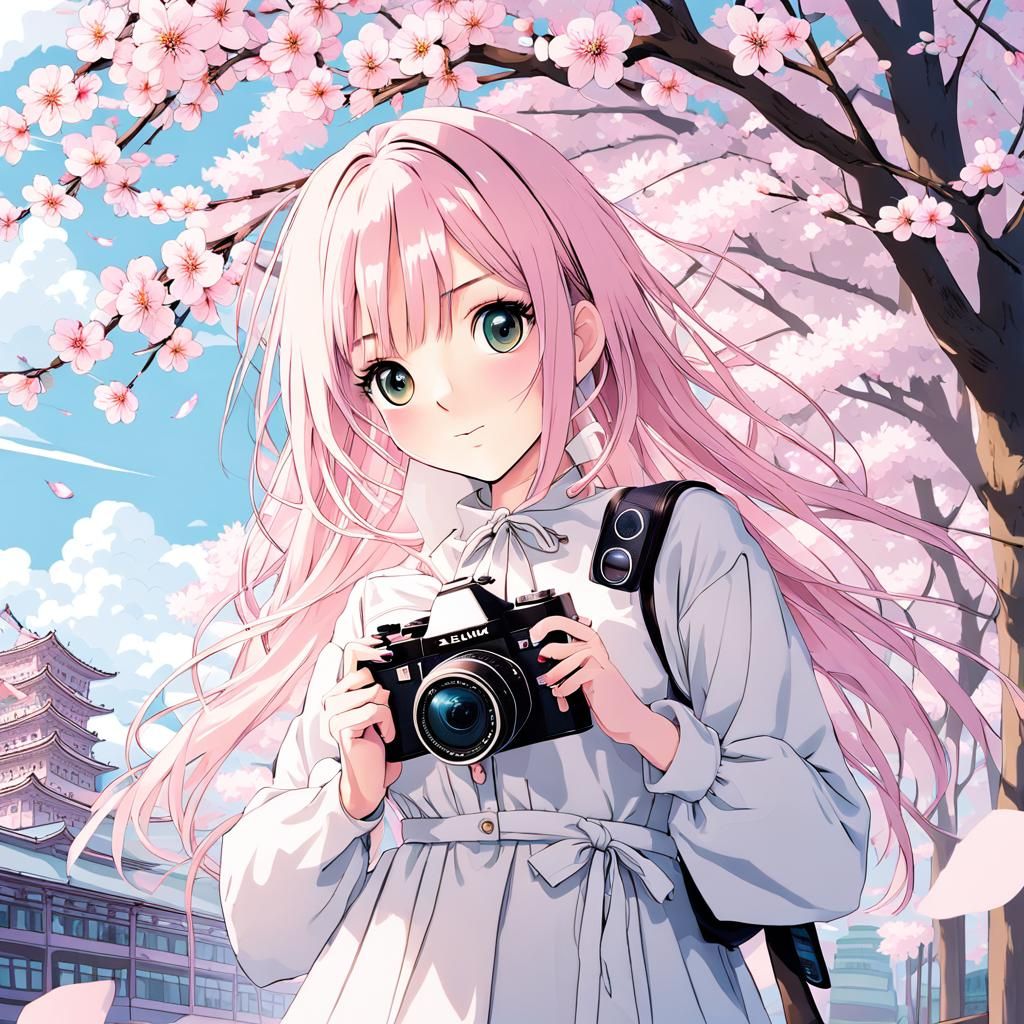 Girl Photographs Cherry Blossom Tree in Japanese City