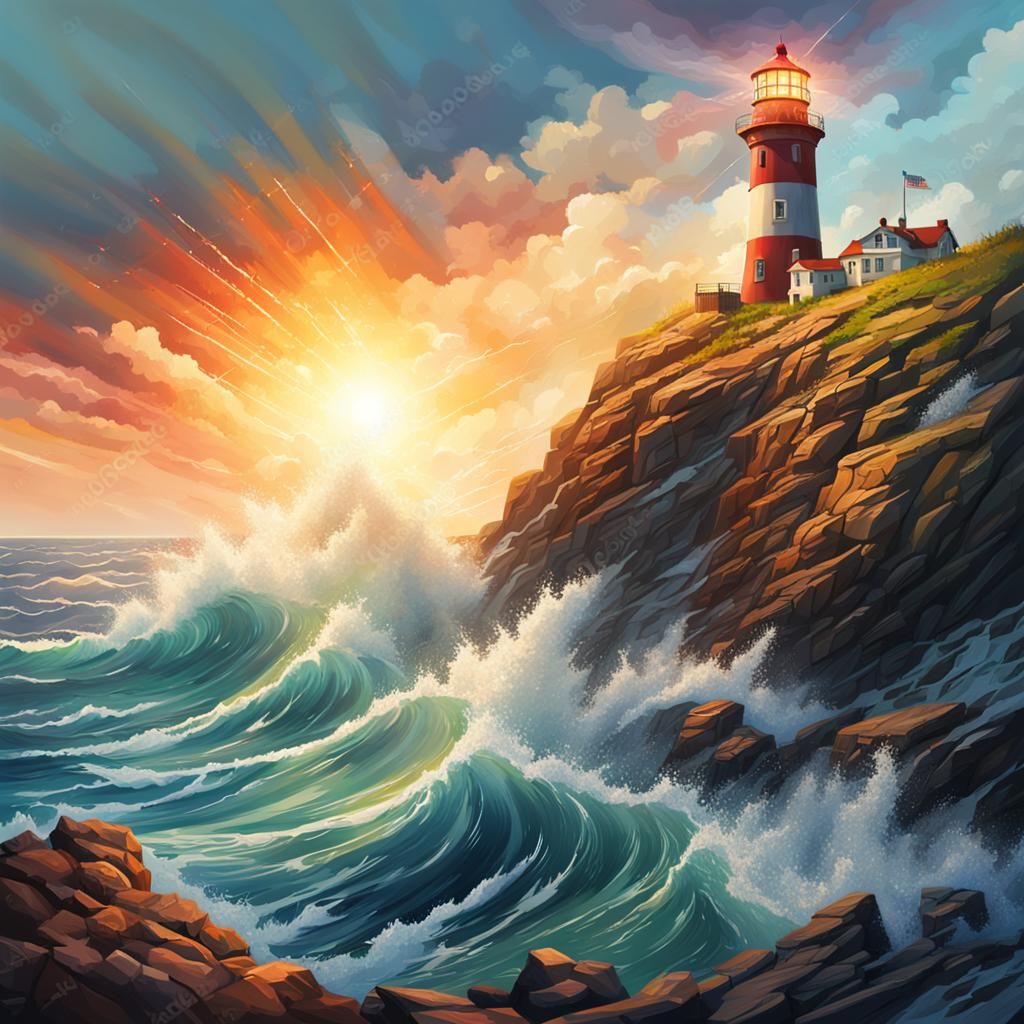 Hyperrealistic Lighthouse on Cliff Edge with High Waves