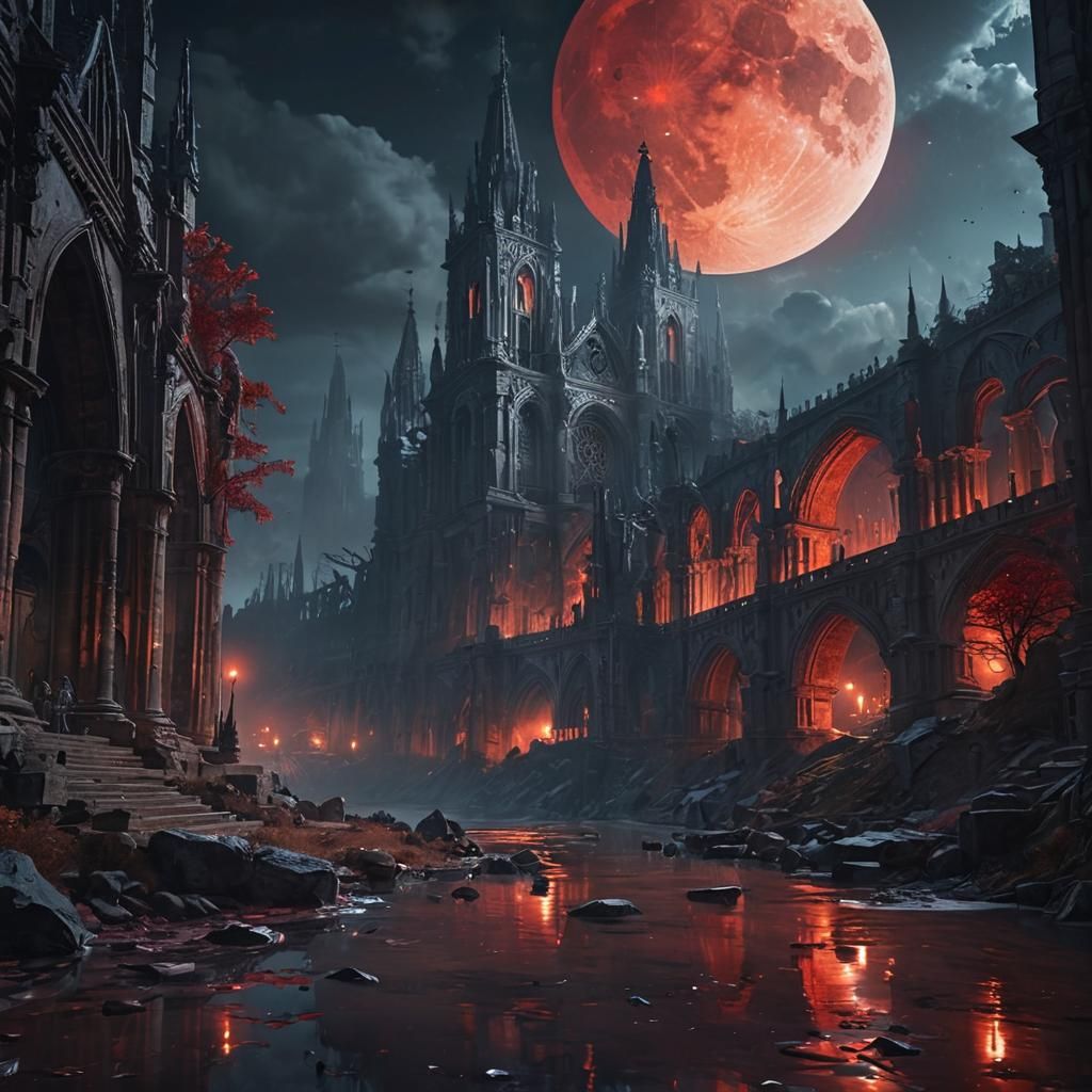 Dark Fantasy Cathedral Under Red Moon