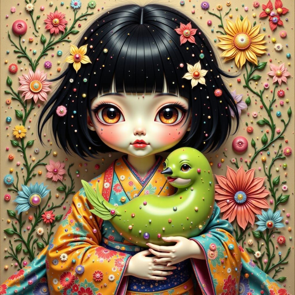 Vibrant Ichimatsu Doll with Bird in Ukiyo-e Style