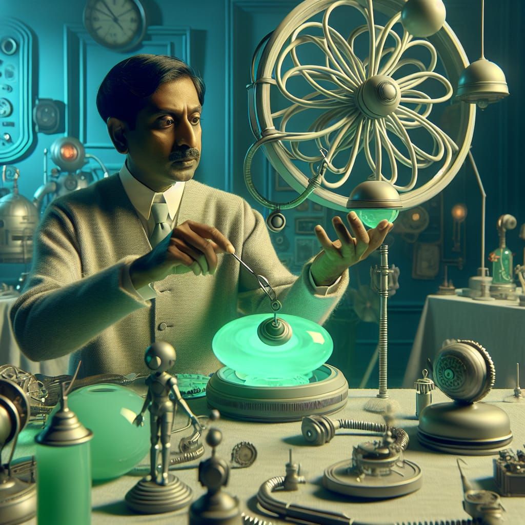 Monochrome Sci-Fi Scene: South Asian Man with Futuristic Dev...