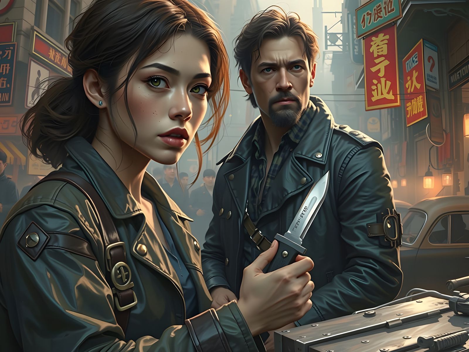 Dystopian Revolutionary Gripping Knife: Hyperdetailed Portra...