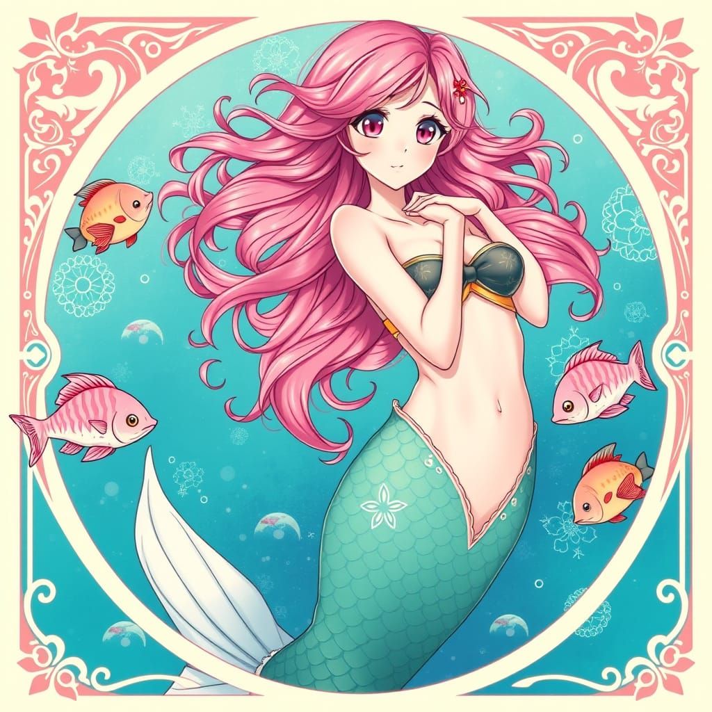 Mermaid in Turquoise Ocean, Art Nouveau Style