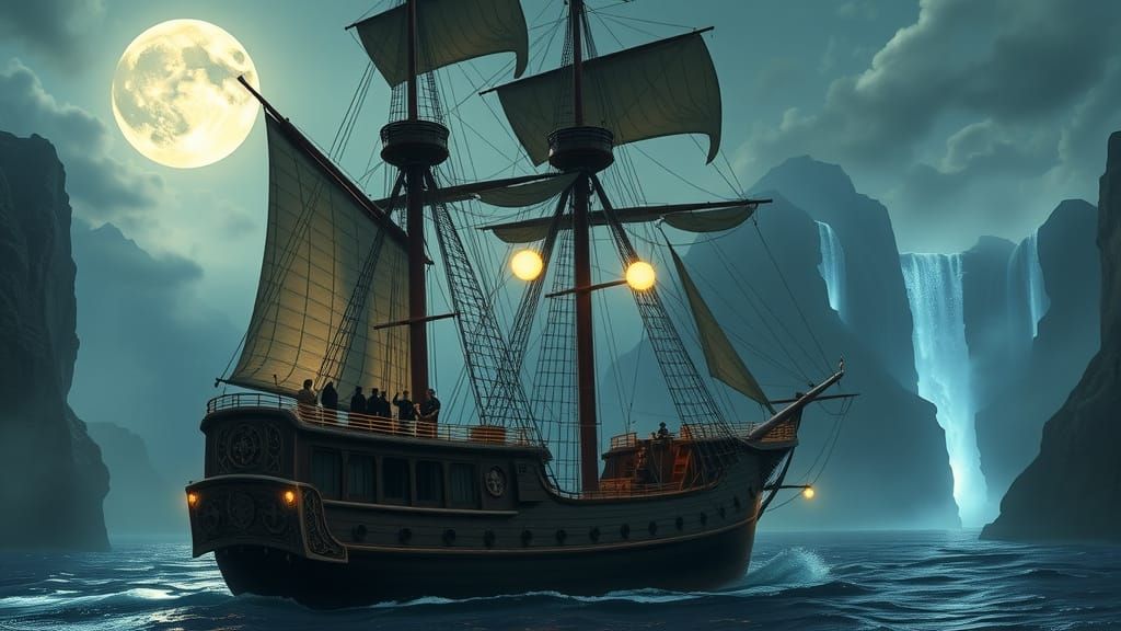 Majestic 19th-Century Tall Ship Sails Under Dreamlike Moonli...