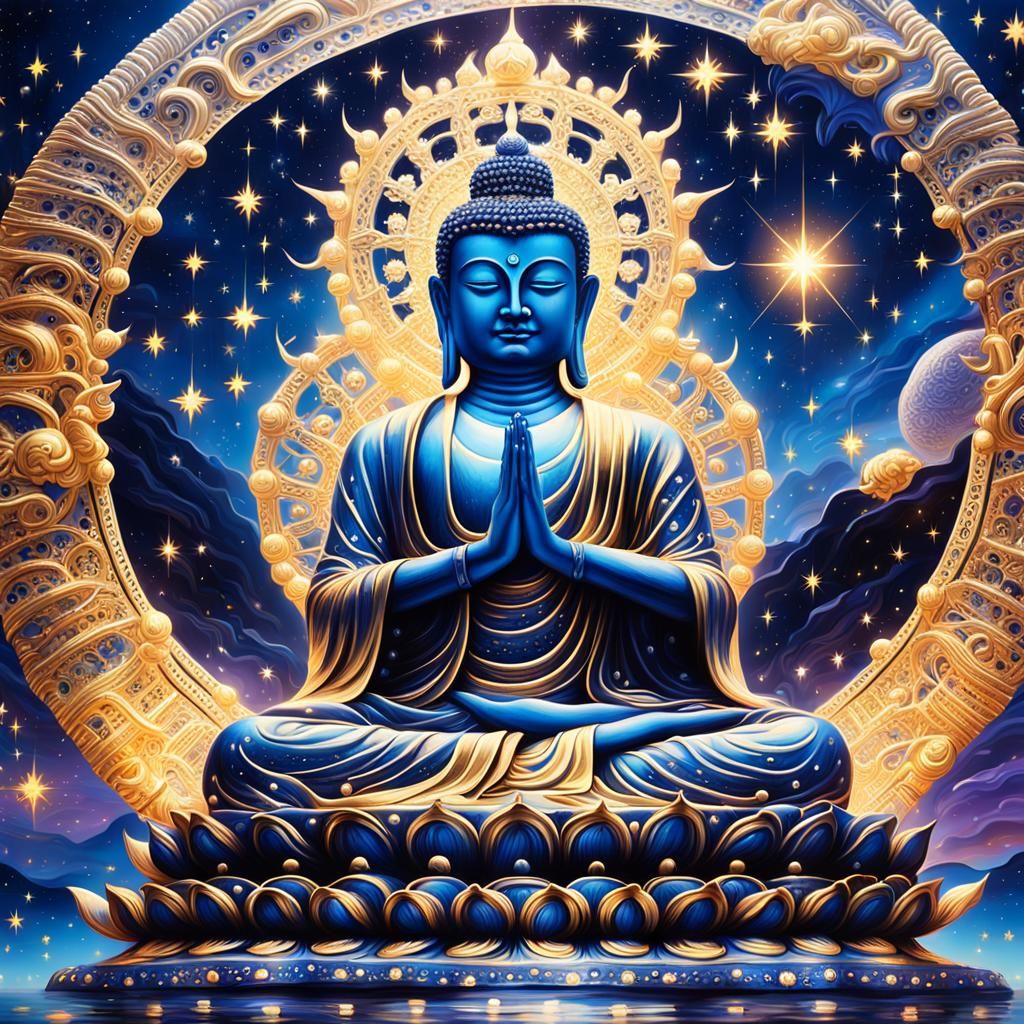 Ethereal Golden Buddha in Starry Night Sky with Glowing Star...
