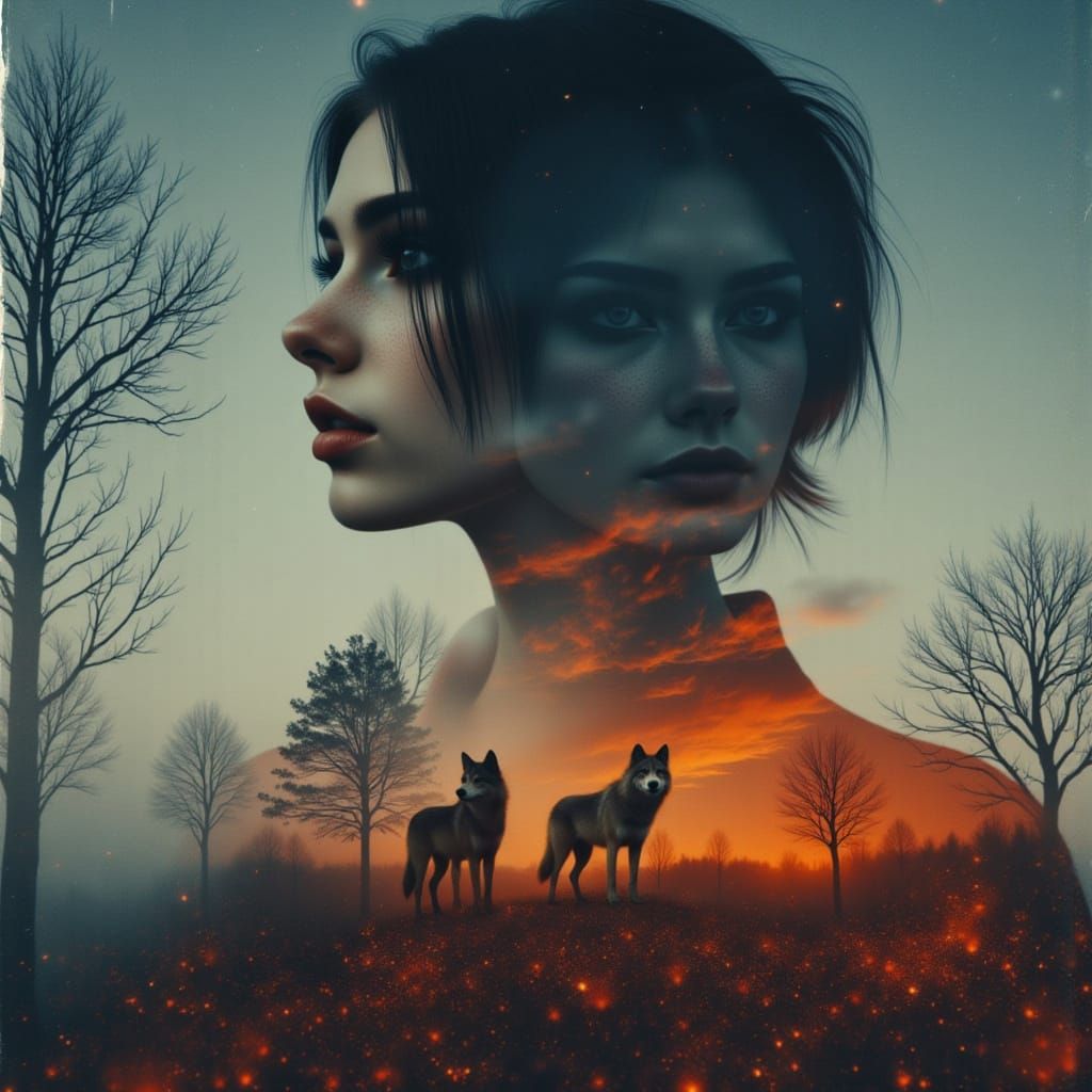 Woman Double Exposure with Night Sky and Autumn Wolves