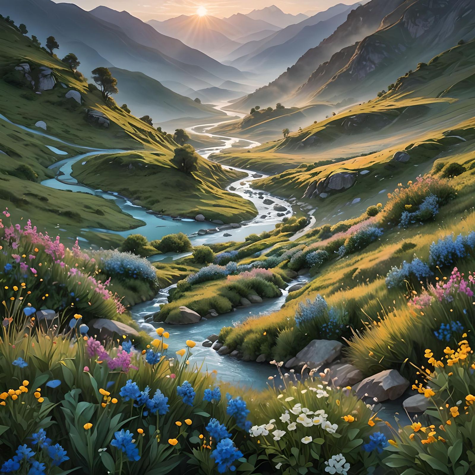 Sunrise Over Mountainous River Landscape