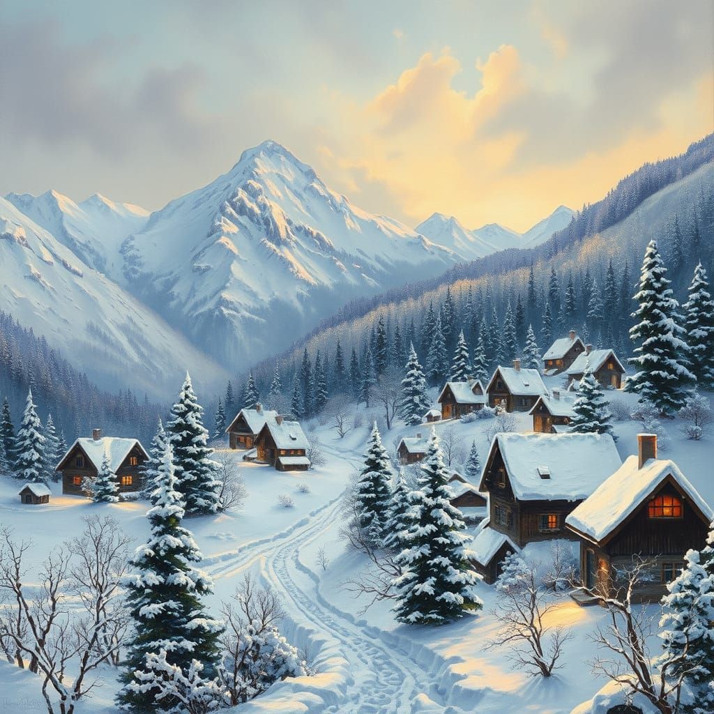 Romantic Impressionist Village in Winter Mountains
