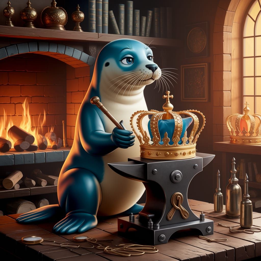 Seal Blacksmith Crafts Golden Crown in Workshop