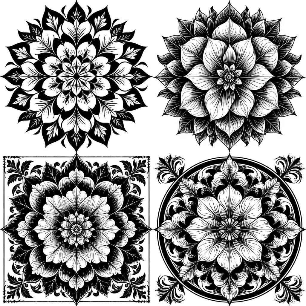 Intricate Black and White Azalea Mandala Design