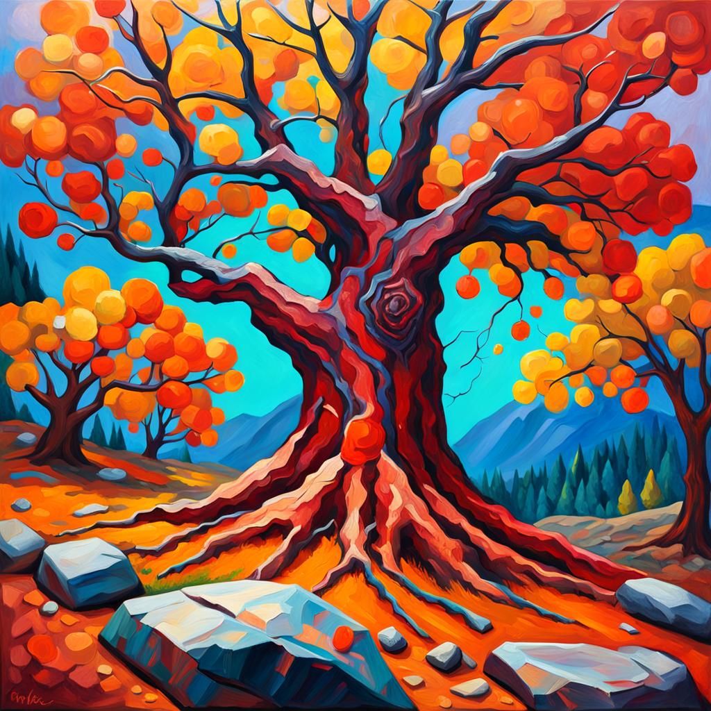 Mystical Ruby Tree in Fauvist Oil Painting